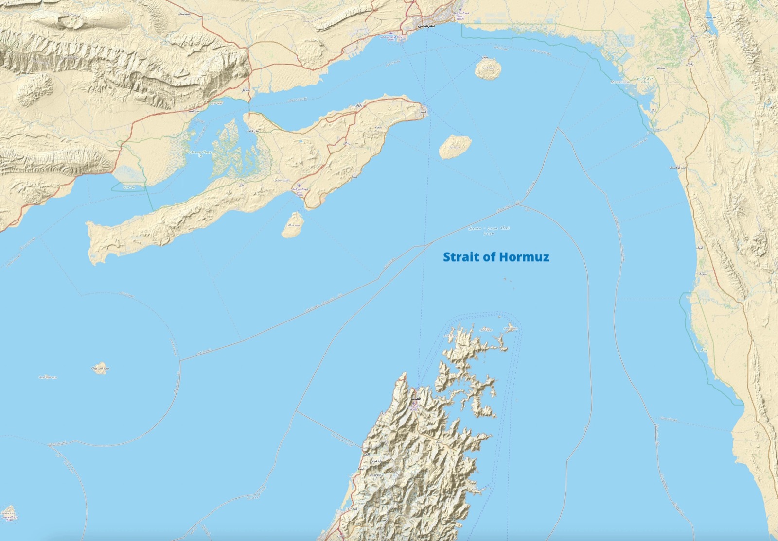 Bản đồ eo biển Hormuz giữa Iran và bán đảo Ả Rập, tuyến hàng hải huyết mạch của dầu mỏ thế giới
